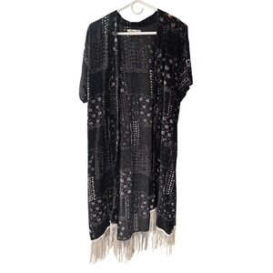 Hollister Womens Black White Patchwork Kimono Cardigan Fringe One Size